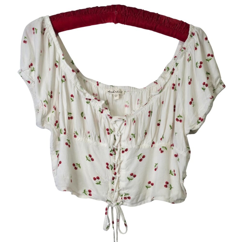 🍒 Cherrycore Cottage Vibes Derek Heart Corset Tie Crop Top – Size L